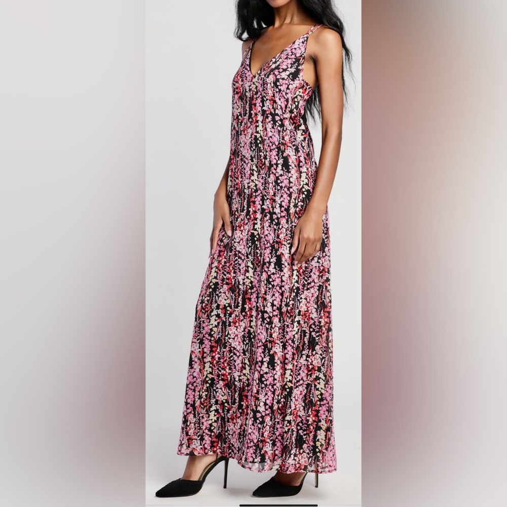 Lulu's Flora Belle Black Floral Sleeveless V-Neck Tie-Back Maxi Dress